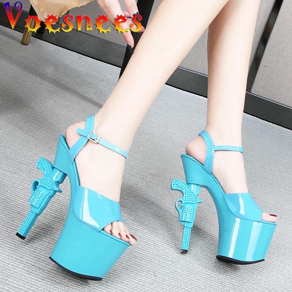 

voesnees gladiator women sandals pumps shoes red stage super high strange style buckle strap 2021 summer dress, Black