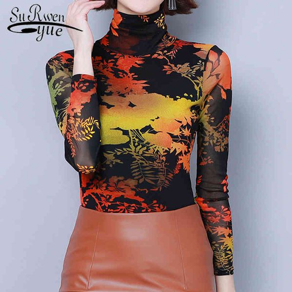 

women blouses long sleeve turtleneck fashion print lace blouse shirts korean elasticity slim ladies 7532 50 210427, White