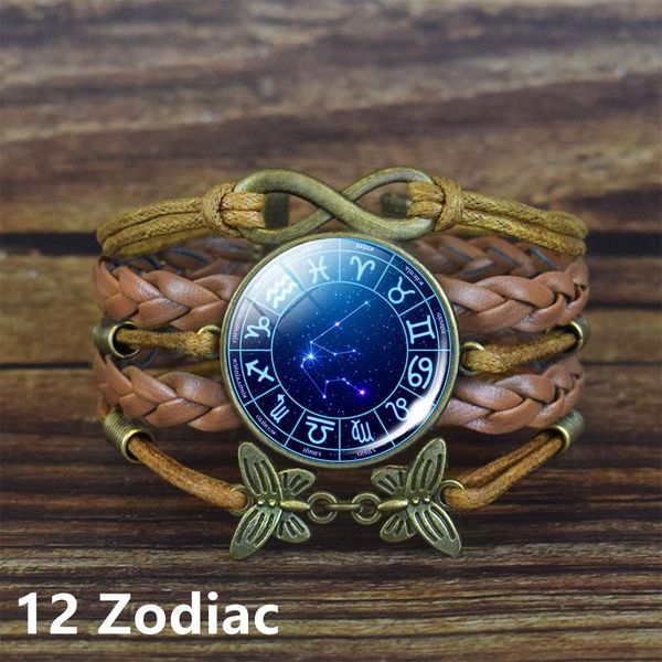 

link, chain 12 constellation bracelet men women zodiac sign glass cabochon woven rope astrology jewelry friend gift, Black