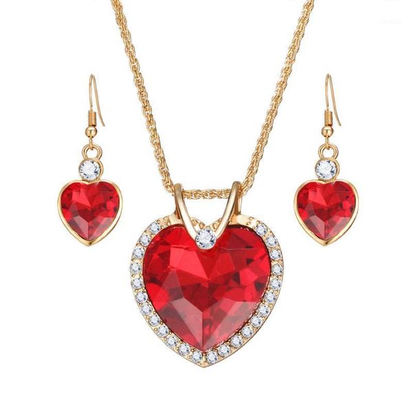 

earrings & necklace romantic wedding jewelry sets gold-color chain with rhinestone colorful crystal heart pendant necklaces and drop, Silver