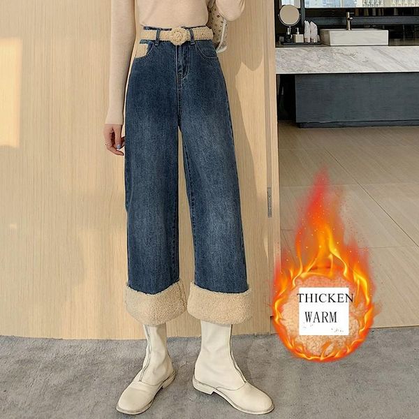 

women's pants & capris trousers ladies thicken warm straight high waist belt lace up winter chic jeans pantalones mujer wide leg womens, Black;white