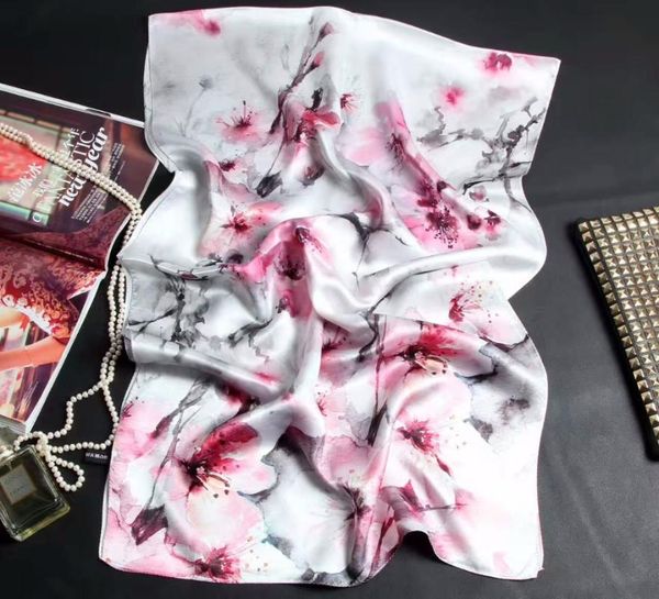 

scarves [slkscf] 180x55cm floral printing silk satin hijab real shawl female, Blue;gray