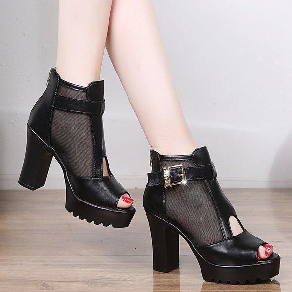 

sandals summer women's shoes korean version fish mouth sandal high heel mesh coarse hollow, Black