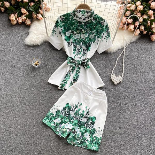

women's tracksuits fabpop 2021 summer design short sleeve high collar green print lace up shirt waist shorts two piece matching set gb6, Gray