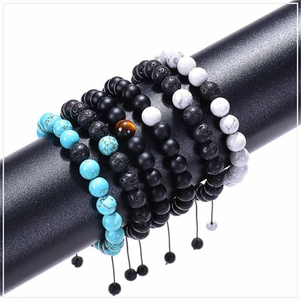 

beaded, strands 8mm white turquoise volcanic stone frosted natural couple bracelet adjustable braided, Black