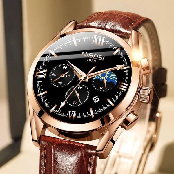 

wristwatches nibosi fashion casual men sport watch luxury band business leather chronograph quartz wacthes wrist watches relogio masculi, Slivery;brown