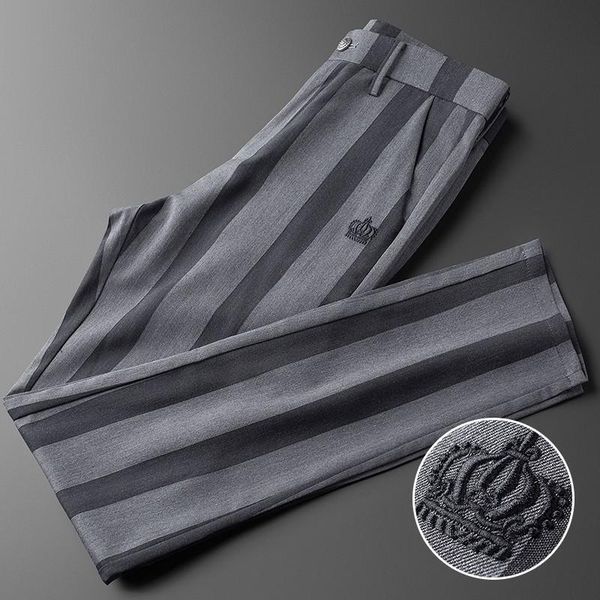 

men's pants 2021 spring grey man luxury crown embroidered vertical stripe trousers slim fit business casual male 40, Black