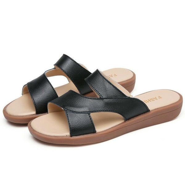 

summer fashion ladies genuine leather sandals flat-soled casual open-toed slippers womens light shoes comfortble classic, Black