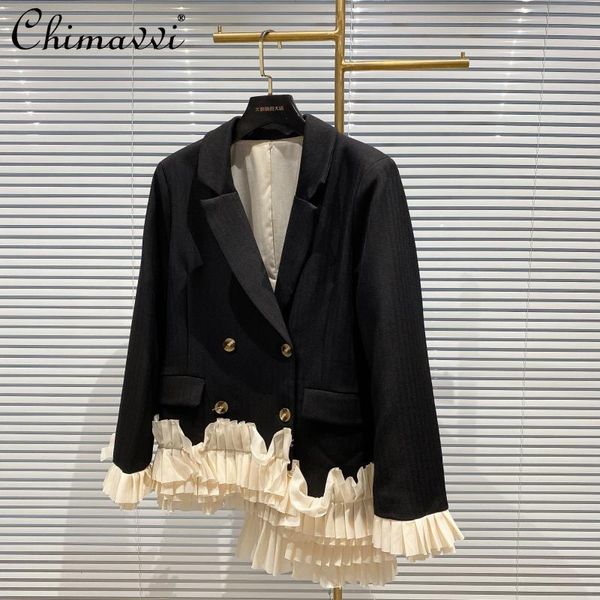 

women's suits & blazers 2021 spring blazer women mesh hem lace stitching irregular dark stripes suit long sleeve elegant coats, White;black