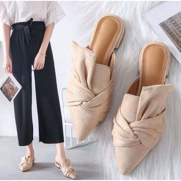

slippers women summer mules shoes suede slide flock female low heels pointed toe bowtie zapatos de mujer, Black