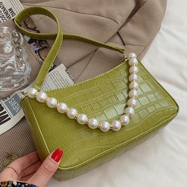 

shoulder bags stone pattern crossbody for women pu leather women's designer pearl chain handbag female travel solid color bag