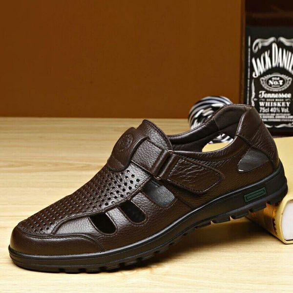 

sandals summer mens flat soft genuine leather male business leisure daddy shoes tyh67, Black