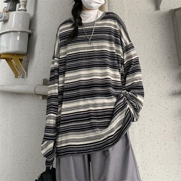 

striped woman tshirts long sleeve loose harajuku casual ladies korean fashion clothing o-neck causal tees spring autumn women's t-shir, White