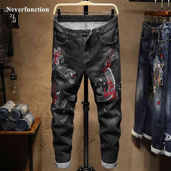 Erkekler Streetwear Slim Fit Ejderha Nakış Streç Jogger Kot Moda Adam Hip Hop Pamuk Rahat Düz Denim Pantolon 210716