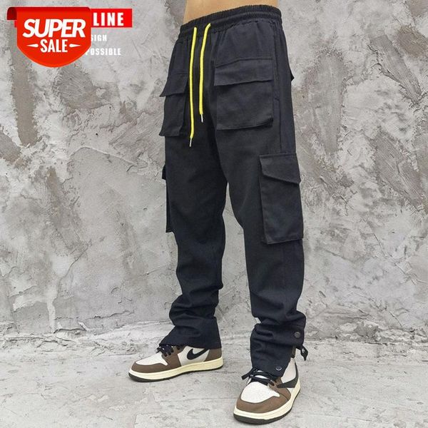 

tkpa washed loose straight buttoned functional workwear pants multi-pocket casual men and women #nk8t, Black