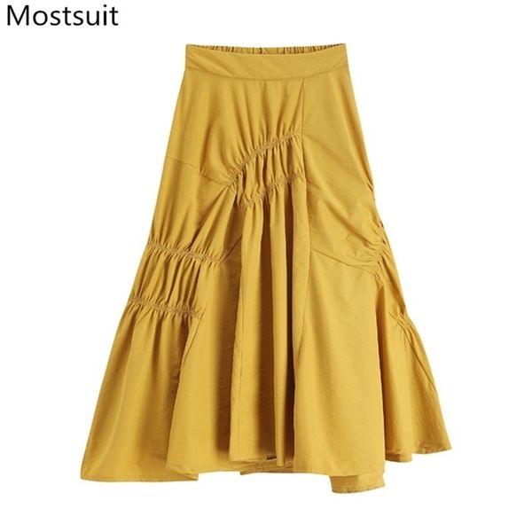 

yellow folded asymmetrical women skirt high waist a-line long stylish vintage fashion summer femme 210513, Black