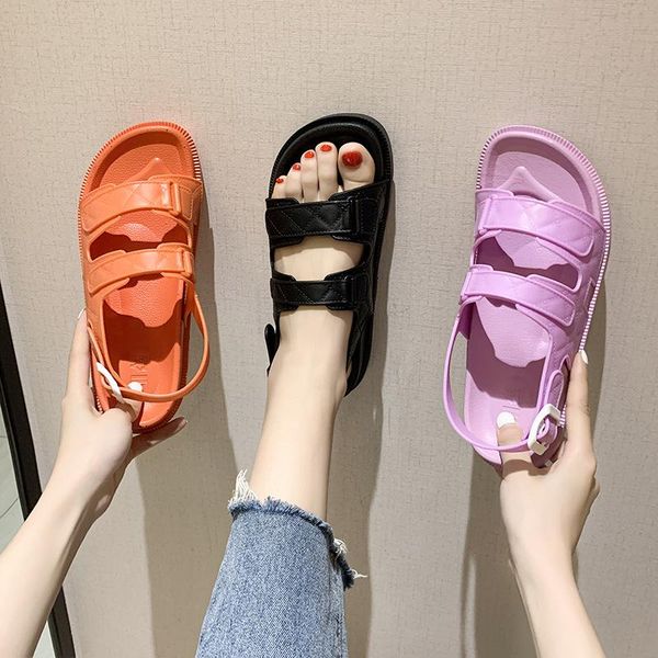 

slippers women's 2021 all-match casual sandals summer flat fashion female beach shoes woman soild color sandal, Black
