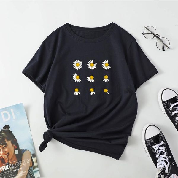 

summer women's flower pattern short sleeve casual cotton t-shirt, White