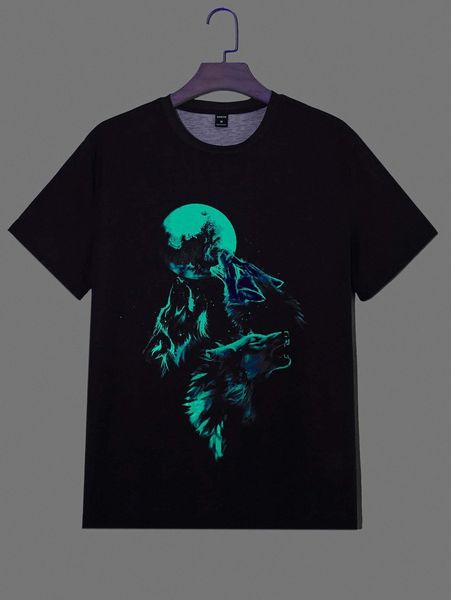 

men wolf print reflective tee l4s2#, White;black