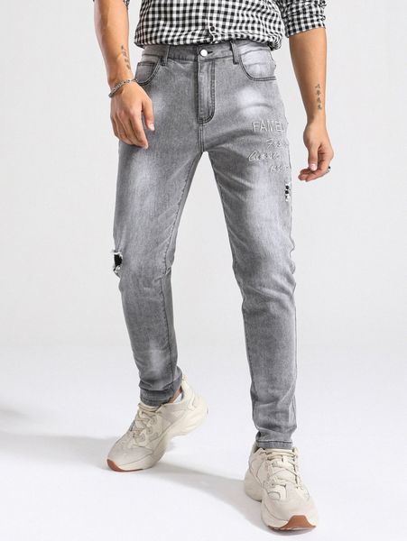 

men ripped letter embroidery bleach wash jeans j1on#, Blue