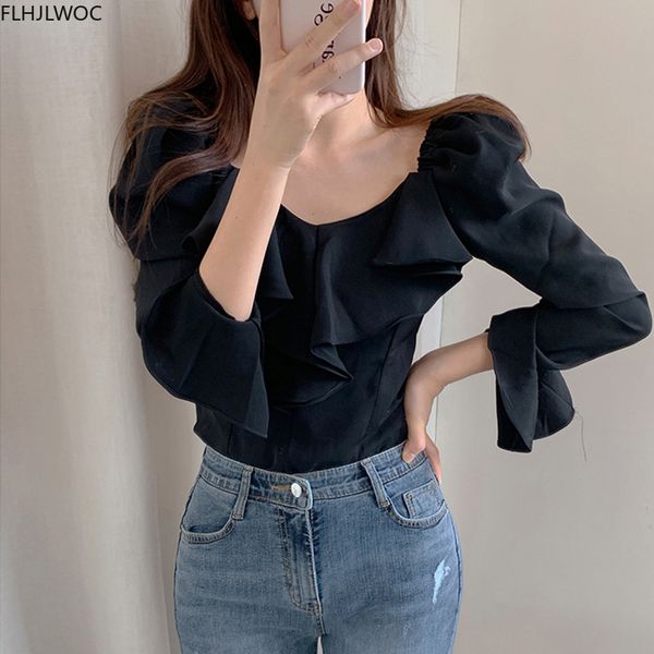 

ruffled and blouses autumn fall basic wear flare sleeve chic korean fashion shirts black off shoulder women blusas, White