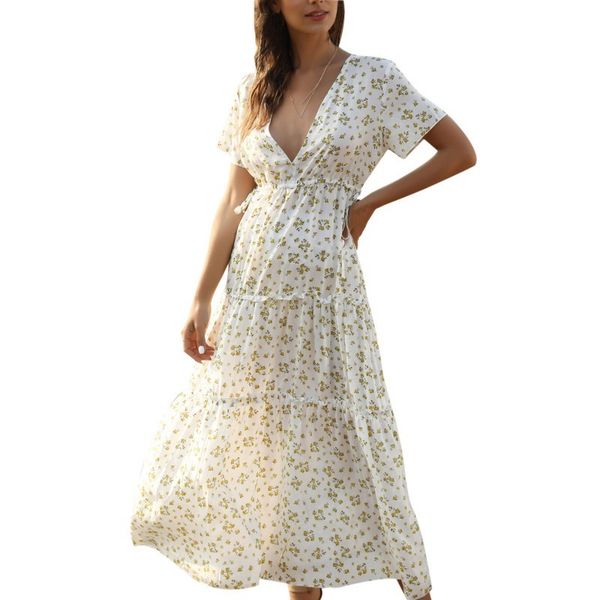 

women floral print dress summer v-neck long dresses female elegant bohemian party dress vestido x0521, Black;gray