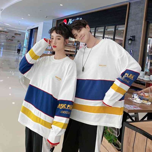 

design sense couple's autumn clothes contrast color splicing men's and women's sweater korean fashion letter embroidery stude, Gray