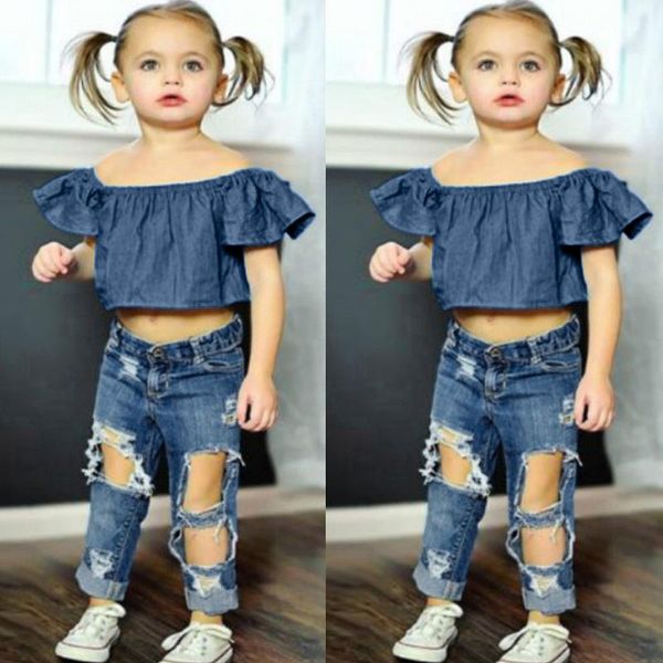 

toddler baby girl denim jean outfits girls off shoulder solid +hole pants sets kids summer clothes clothing, White
