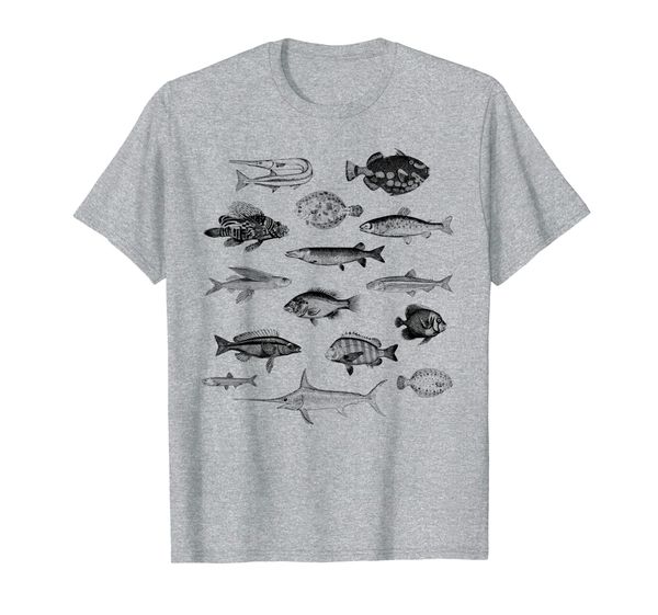 

black marine and freshwater fish collage pattern t-shirt, White;black