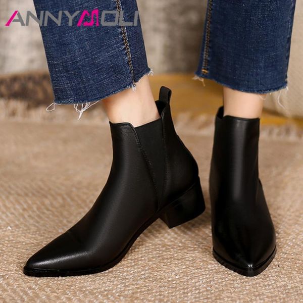 

boots annymoli pointed toe woman natural genuine leather ankle med heel shoes block female short autumn winter, Black