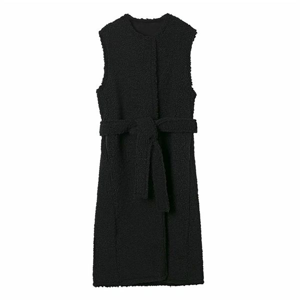 Donna Inverno Gilet in pelliccia sintetica Cappotti Cintura senza maniche Lungo O-Collo Nero Moda Caldo Gilet da strada femminile Capispalla Abbigliamento 210513