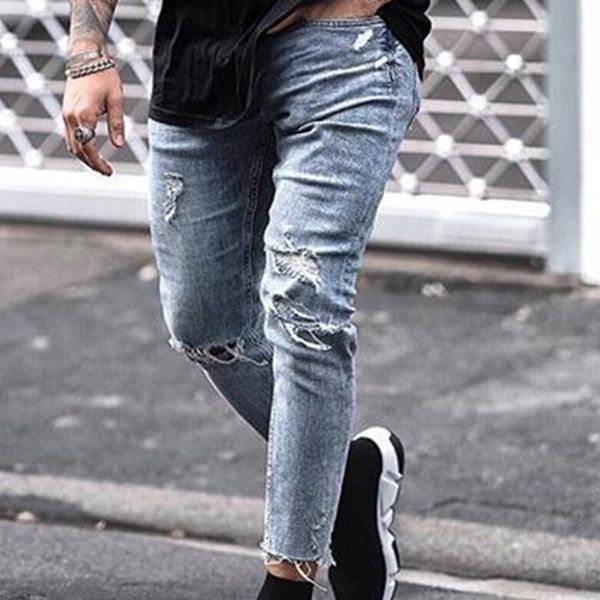 

men's jeans streetwear hip hop destroyed ripped design denim pants ankle length zipper skinny jean male trouses clothing, Blue