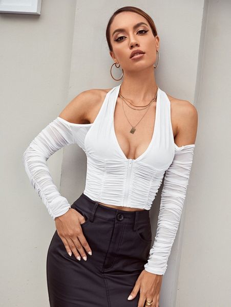 

halter neck zip front ruched tee c1ok#, White