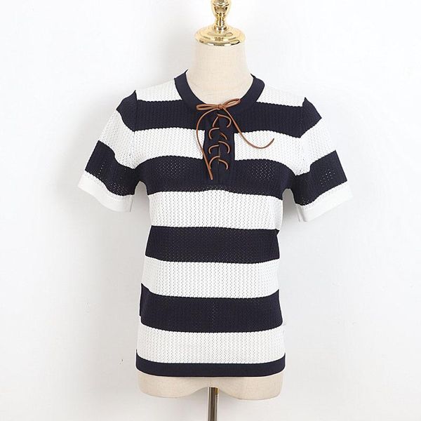 

women's t-shirt 2021 spring summer neckline leather cross tie chic design short sleeve o-neck red striped stretch breathable casual kni, White