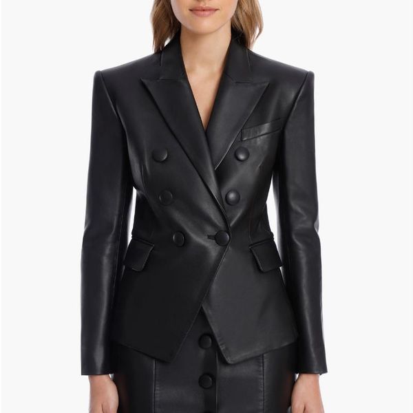 

women's suits & blazers excellent quality est stylish runway 2021 designer jacket slim fitting double breasted faux leather blazer, White;black