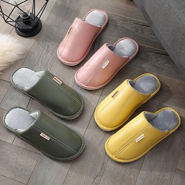 

slippers winter leather cotton female waterproof non-slip home warm indoor pu male, Black