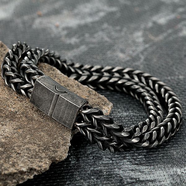 

classic mens antique silver color stainless steel magnetic buckle double braided chain bracelet fashion party jewelry gift, Black