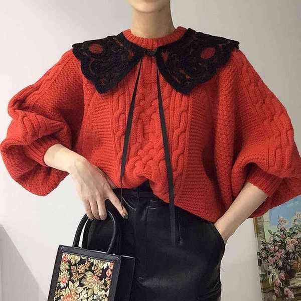 

[ewq] fashion chic round neck linen pattern loose lantern sleeve sweater + lace crochet tie scarf female tide 2021 16e3803, Black