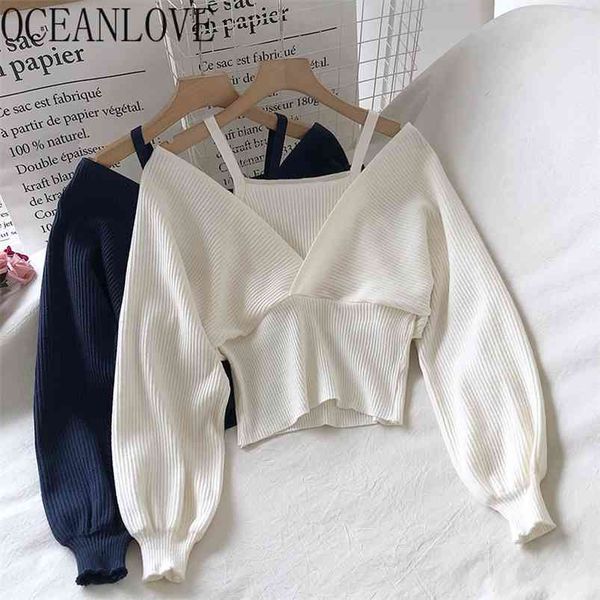 

oceanlove fake 2 pcs woman sweaters solid v neck lantern sleeve short pull femme korean chic autumn winter pullovers 19265 210805, White;black