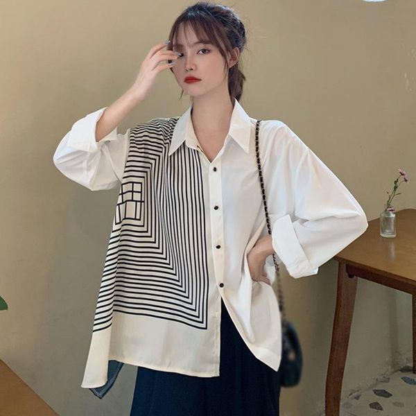 

women's blouses & shirts irregular striped women spring autumn casual patchwork loose long sleeve and, White