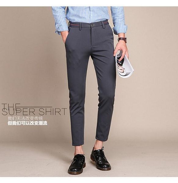 

stylish mens dress formal cropped pants slim fit suit business trousers pencil men's, Black