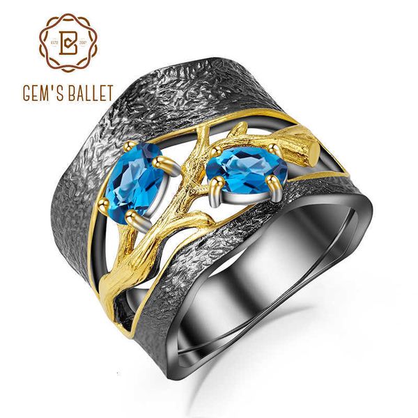 

gem's ballet 925 sterling silver original handmade petal floral rings natural london blue z gemstones ring for women wedding cj191205, Slivery;golden