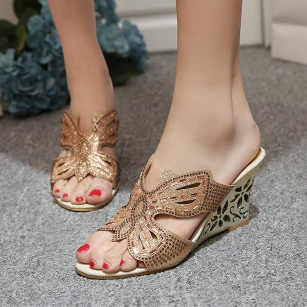 

slippers wedges heels summer women fashion luxury rhinestone sandals causal flip flops beach shoes woman gold designer slides, Black