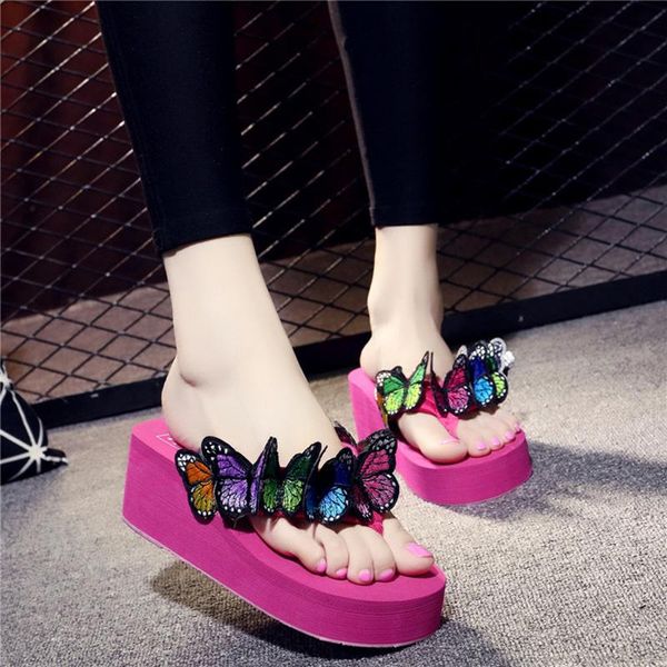 

slippers 2021 summer ladies handmade butterfly flowers cute age-reducing fashion sandals wear non-slip beach vacation flip flops, Black