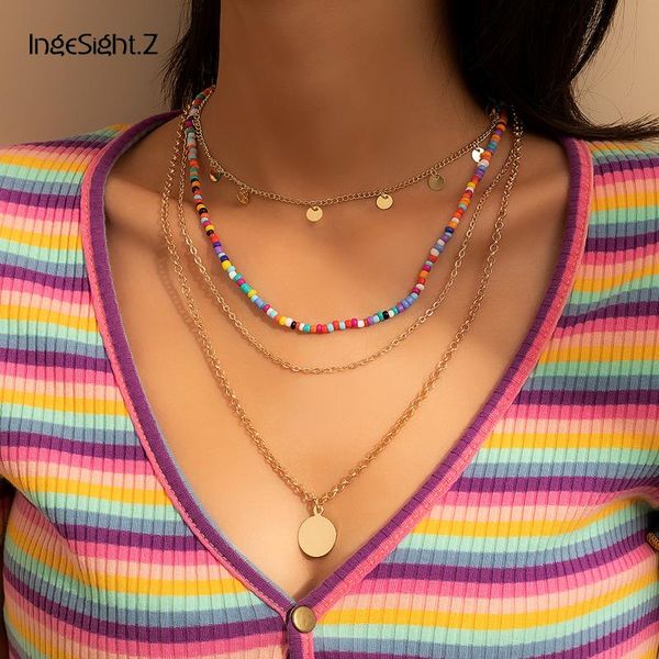 

chains ingesight.z multi layered colorful seed beaded chain choker necklace collar punk copper sequins tassel pendant necklaces jewelry, Silver