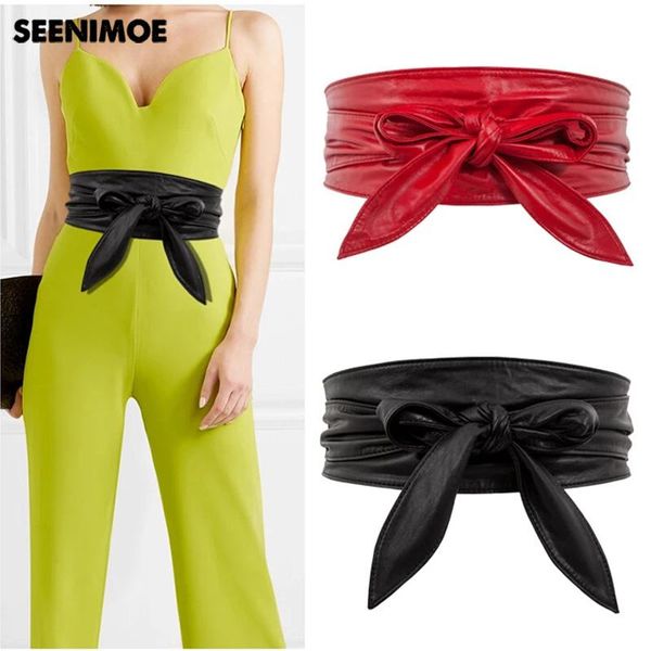 

belts seenimoe lace up belt bowknot for women longer wide bind waistband ties ladies dress decoration fashion pu waist seal, Black;brown