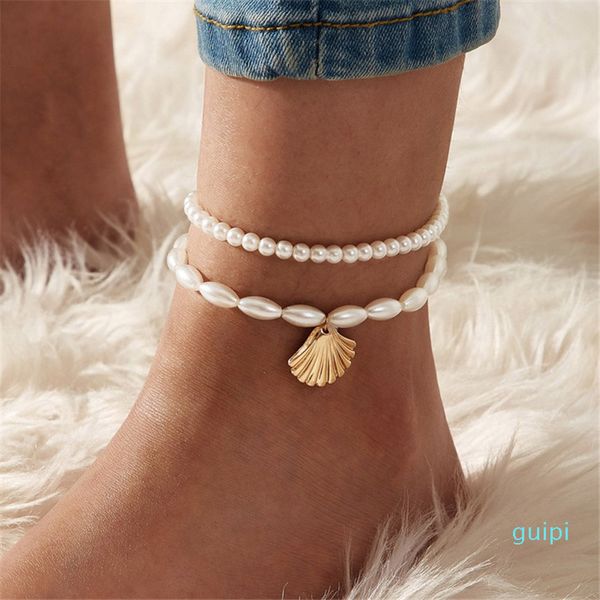 

fashion multilayer crystal pearl anklets set for women colorful stone shell chain anklet beach foot bracelet jewelry, Red;blue