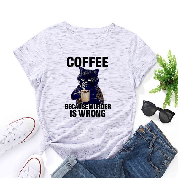 

cotton short sve t-shirt, shirt printed with black cat, coffee, killer's fault, women's wear, White