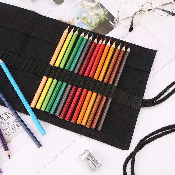 

black color school pencil case roller 12/24/36/48/72 holes canvas roll up makeup pen bag for girls boys stationery bags