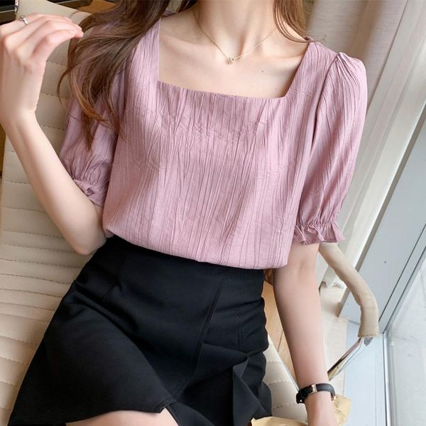 

women's blouses & shirts woman pink shirt women puff sleeve summer 2021 office blouse female square collar chic white chiffon s-2xl